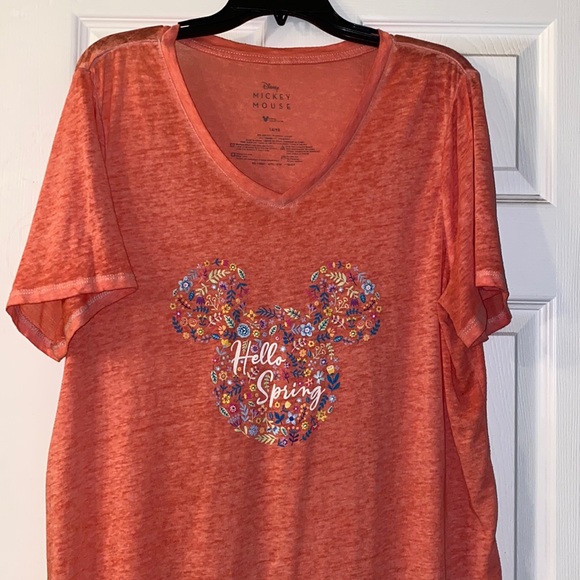 Disney Tops - Disney “Hello Spring” Mickey Mouse Peach V Neck T Shirt